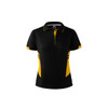 A black and yellow polo shirt featuring a collar, buttons, and a branding logo.