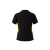 A black polo shirt with yellow side panels and a collar, featuring a branding logo.