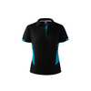 A black polo shirt with turquoise accents and a logo. It features a collar and button placket.