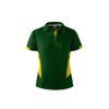 A green and yellow polo shirt with a collar and button placket, featuring a logo on the chest.