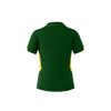 A green and yellow polo shirt with a collar and short sleeves, featuring a logo on the front.