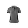 A grey polo shirt with black side panels and a logo on the collar. Short sleeves and a classic polo design.