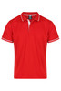 A red polo shirt with white trim, featuring a collar and three buttons, plus a logo on the chest.