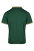 A green polo shirt featuring yellow trim at the collar and sleeves, with a logo on the back.