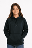 A black hoodie featuring a front pocket and a drawstring hood, modelled by a girl.