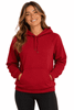 A red hoodie featuring a front pocket, drawstring hood, and a branding logo on the front.