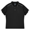 A black sports polo shirt with a collar, featuring white accents and a logo on the left sleeve.