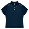 A navy sports polo featuring a collar, buttons, and grey accents on the sleeves. It has a logo on the chest.