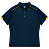 A navy blue polo shirt featuring yellow accents, with a collar and buttons, suitable for sports uniforms.