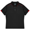 A black polo shirt with red accents, featuring a collar and buttons. It includes a logo on the chest area.