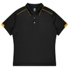 A black polo shirt featuring yellow accents and a collar, suitable for sports uniforms. It includes a logo.