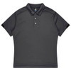 A dark grey polo shirt with a collar and short sleeves, featuring a logo on the chest area.