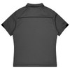 A grey sports polo shirt with black accents, featuring a collar and a logo on the back.