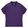 A purple polo shirt featuring a collar and white accents, designed as a sports uniform. It has a branding logo.