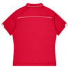 A red children's polo shirt with short sleeves and a contrasting collar, featuring a logo on the back.