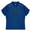 A navy blue polo shirt with a collared neck and contrasting white detailing on the sleeves. It features a logo.