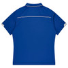 A blue polo shirt with short sleeves and a contrasting trim, featuring a logo on the back.