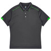 A dark grey polo shirt featuring green accents and a logo on the collar.