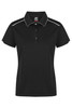 A black polo shirt with a collared neckline, featuring contrasting edging and a logo.