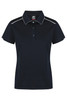 A navy blue polo shirt featuring a collar, buttons, and contrasting white accents. It has a brand logo.