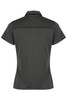 A dark green polo shirt with a collared neck and short sleeves, featuring a logo on the back.