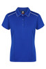 A blue polo shirt with a collar, featuring white piping and buttons, and a logo on the label.