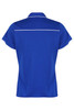 A blue polo shirt featuring a white trim and a branded logo on the back.