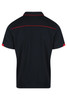 A black polo shirt with red accents, featuring a classic collar and a brand logo.