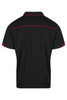 A black polo shirt with red accents and a logo on the back.
