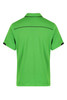 A green polo shirt with black accents, featuring a collar and short sleeves, and a logo on the upper back.
