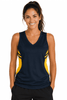 A navy blue singlet featuring yellow side panels and a V-neck design, modelled by a smiling woman.