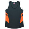 A dark green singlet with orange side panels and a v-neck design, featuring a logo on the label.