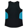 A black singlet with light blue side panels and a logo. The design features a classic sleeveless cut.