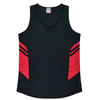 A black singlet featuring red accents and a logo, designed for women's wear.