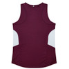 A maroon singlet top with white panel detailing, featuring a logo on the back.