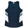 A navy singlet featuring side panels in white, designed for women. It has a v-neck and includes a logo.