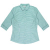 A green and white checked button-up shirt with 3/4 sleeves and a collar. It features a logo.