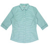 A green and white checked button-up shirt with 3/4 sleeves and a collar. It features a logo.