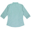 A green and white checked button-up shirt with 3/4 sleeves and a collar. Features a logo on the fabric.
