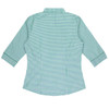 A green and white checked button-up shirt with 3/4 sleeves and a collar. Features a logo on the fabric.