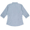 A blue and white checkered button-up shirt with 3/4 sleeves and a back view, featuring a collar and a logo.
