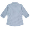 A blue and white checkered button-up shirt with 3/4 sleeves and a back view, featuring a collar and a logo.