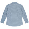 A long sleeve button-up shirt in a blue and white checkered pattern, featuring a collar and cuffed sleeves.