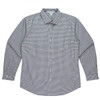 A long sleeve button-up shirt featuring a checkered pattern in shades of black and white. It has a collar and cuffs.