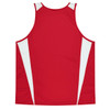 A red singlet featuring white side panels and a logo on the back.
