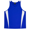 A blue singlet featuring white panels on the sides, with a branding logo on the label.