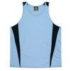 A light blue singlet with black side panels, featuring a logo on the neckline.