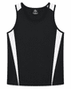 A black singlet with white panels on the sides, featuring a logo on the back. Suitable for active wear.