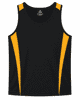 A black singlet featuring yellow side panels and a logo. Suitable for active wear.