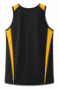 A black men's singlet with yellow side stripes and a logo on the back.